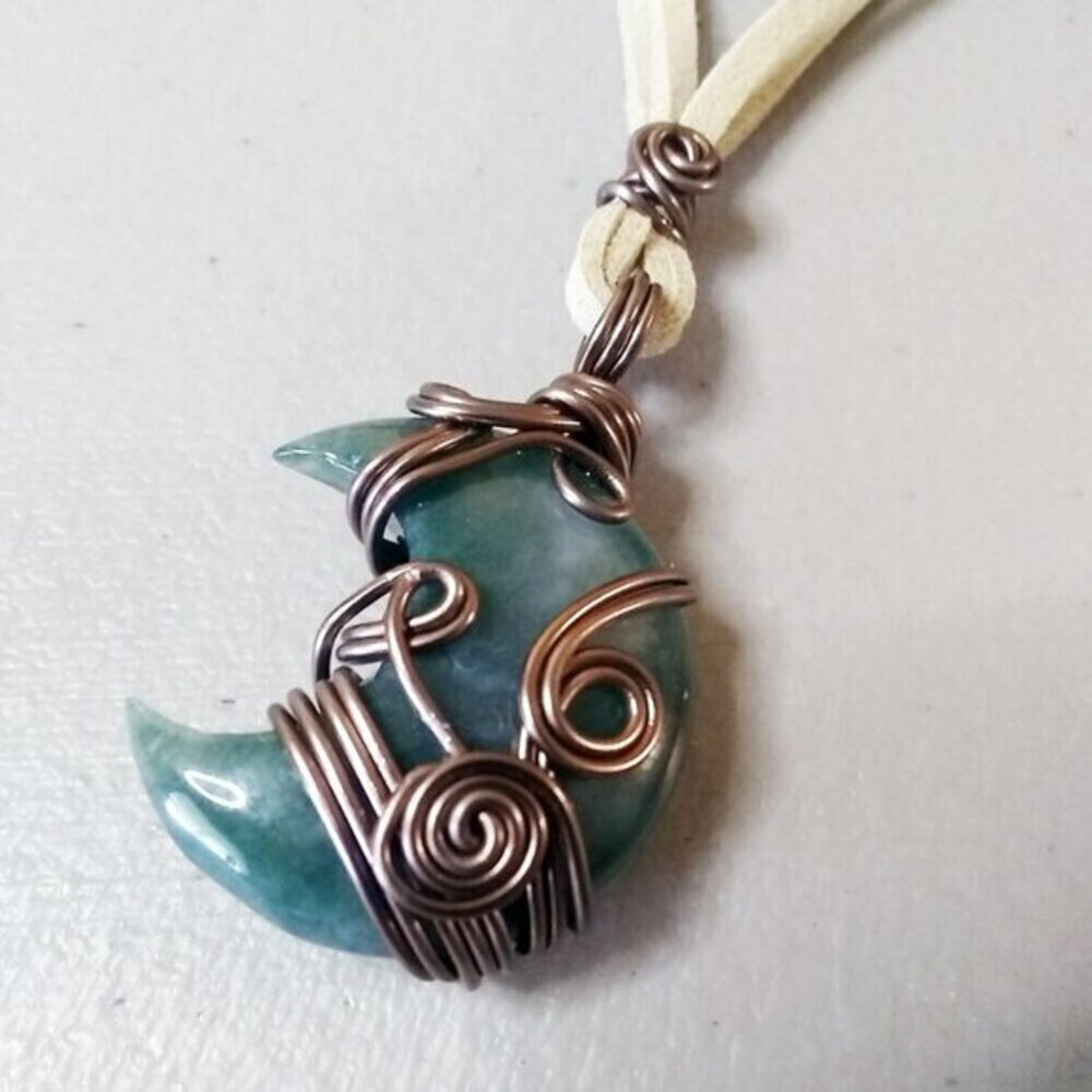Wire Wrapped India Agate Moon Necklace | Dark Green Crescent Moon w. Faux Suede
